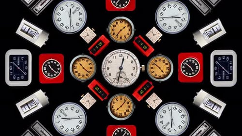 Collection of Clocks Against Black Background, Time Passing