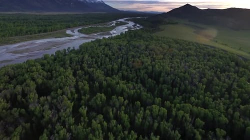Drone View From Tree Tops of Mountains and River 4 Above