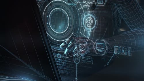 Futuristic Data Interface with Wireframe Human Working on Laptop