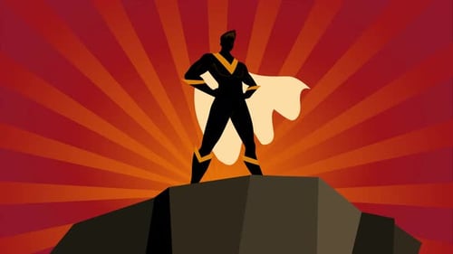 Superhero Silhouette with Waving Cape and Sunburst Background Animation
