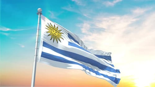 Uruguay Flag Waving Realistic Animation in Clear Sky