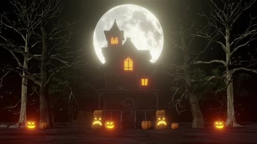 Spooky Haunted House Scene with Jack-o-Lanterns and Full Moon