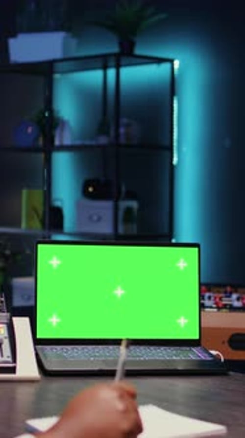 Vertical Video Chroma Key Notebook Between Man and Woman Meeting in Studio to Film Online Show