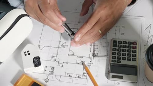 Architectural building design and construction plans with blueprints paper project plans