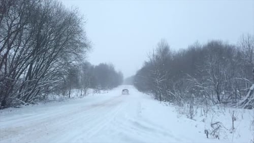 Auto on a Road in Beautiful Winter Road in Forest