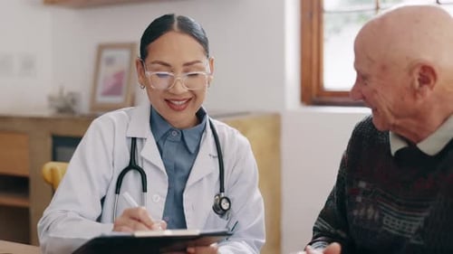 Female doctor, elderly and patient for consultation in office with discussion