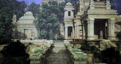 Ancient Temple Ruins Surrounded By Lush Greenery in a Serene Landscape