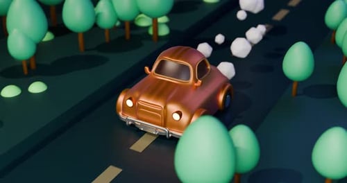 Carro de desenho animado emitindo escapamento dirigindo pela floresta