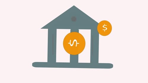 Icono de edificio bancario con animación de monedas de un dólar que simboliza instituciones financieras, depósitos de dinero,