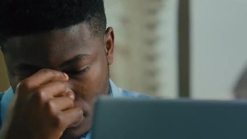 Close Up African American Ethnic Businessman Adult Middleaged Man Feel Pain Headache Migraine Eyes