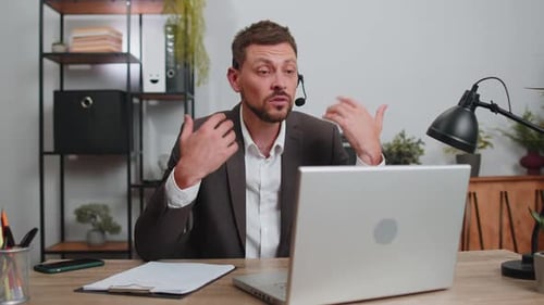 Businessman Working on Laptop Wearing Headset Call Center Support Service Operator Office Helpline