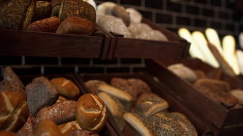 Assorted Fresh Breads Displayed on Store Shelf