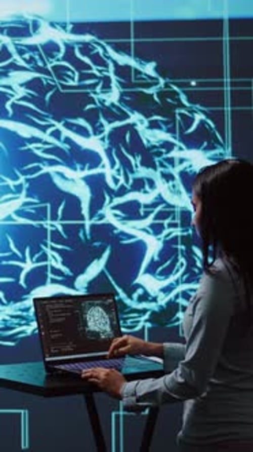 Woman Working on Laptop with Brain Graphic