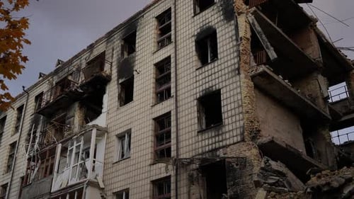 Demolished Multistorey House Outdoors on Autumn Cloudy Day in Kyiv Ukraine