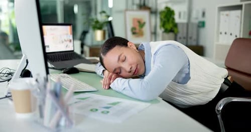 Business, woman or sleeping in office with burnout, fatigue or overworked in data analytics company
