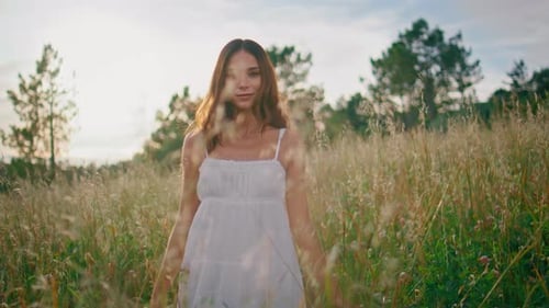 Carefree Woman Posing Meadow at Beautiful Summer Day Portrait Girl Posing Field