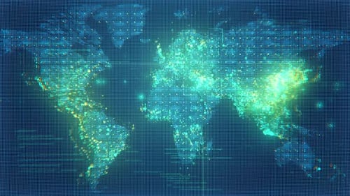 Futuristic Digital World Map Global Network Data Visualization