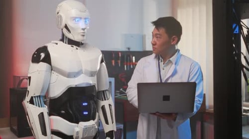 Laboratory Scene Showing Gesture Training for Robot As Technician Logs Telemetry Data with Studio