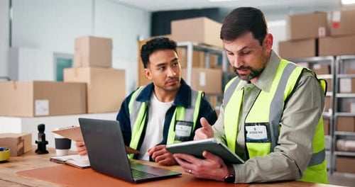 Clipboard, laptop and tablet with logistics team in warehouse for delivery or distribution