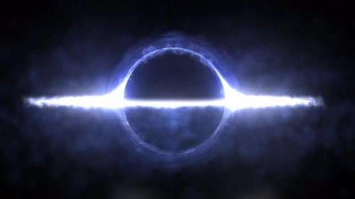 Bright black hole in open space with spinning energy particles, cosmic sphere in blue and purple