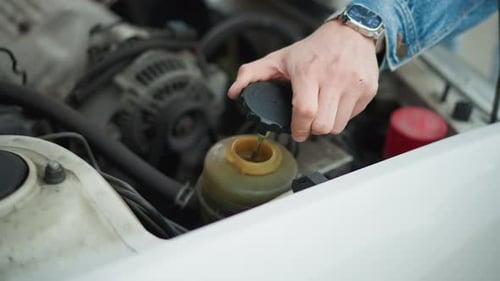 Vehicle Service Scene with Engine Repair and Fluid Inspection Automotive Technician Diligently