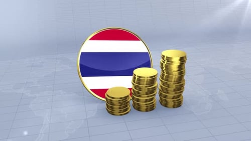 Thailand Flag With Plain Gold Coins Tower