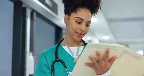 Writing, notes and nurse with document in hospital for insurance, healthcare