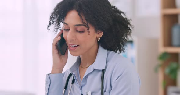 Phone call, medical and woman doctor in office in hospital for ...