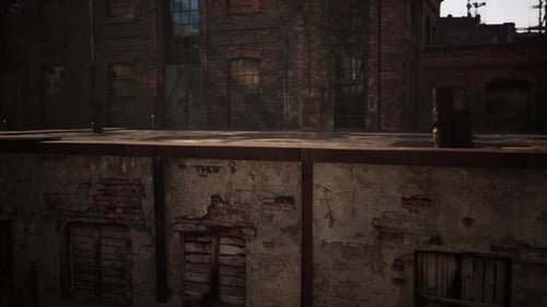 Collapsed Brick Factory in an Abandoned Industrial Area at Dusk