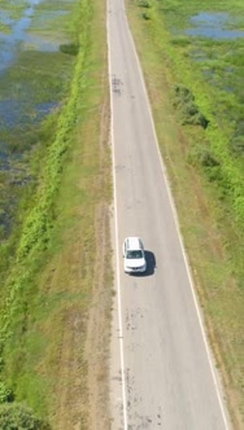 White Car is Going on a Road in Marshland Drone is Tracing the Car Aerial v Vertical Video