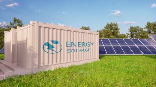 Battery Storage Power Station Accompanied By Solar. New Energy Concept