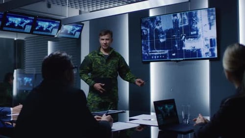 Military Personnel Briefing in Secure Government Conference Room
