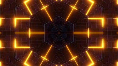 Dark Kaleidoscope Background with Yellow Lines and Squares. Looped Animation