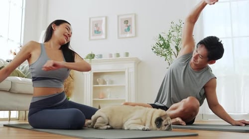 Couple Pets Pug on Yoga Mats Indoors