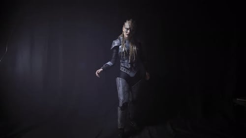 An alien woman is wearing an armor, with long white dreadlocks on the black background, 4k