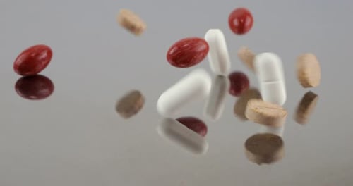 Falling tablets and pills on a metal surface. Slow motion. Medicine and healthy. Close up of capsule