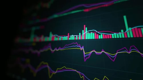 Vibrant stock market data displayed on modern screen with colorful graphs
