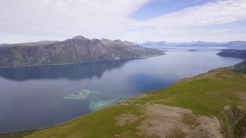 Aerial of mountains and fjord in Norway