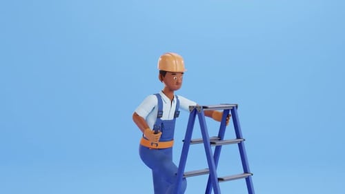 Анимация персонажей Builder. Рабочий на стройплощадке, разнорабочий или сантехник поднимается по лестнице