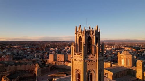 Panoramic aerial drone view of old medieval 13th century Cathedral of St Mary Cloister and tower