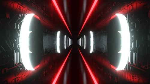 Red And White Beautiful Neon Futuristic Corridor With Chip Patterns Background Vj Loop I 4K