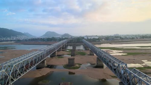 Aerial drone shot of Vijayawada in the tranquil early hours,