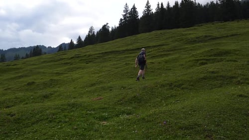 Man walking up grass hill mountain Austrian Alps