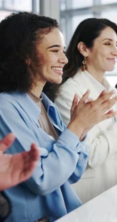 Happy, business people or meeting with applause for presentation, seminar or speech in office