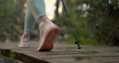 Legs, hiking stick and walking on bridge, nature or forest in adventure, journey or travel