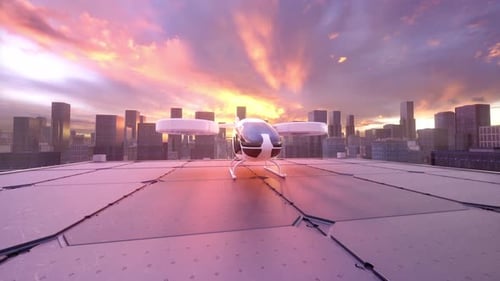 Futuristisches eVTOL-Flugzeug auf dem Hubschrauberlandeplatz auf dem Dach in der modernen Stadt bei Sonnenuntergang
