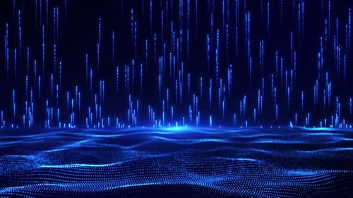 Ondas digitais de partículas emitem luz e fluxo de pontos de dados, visualização de big data, futurista