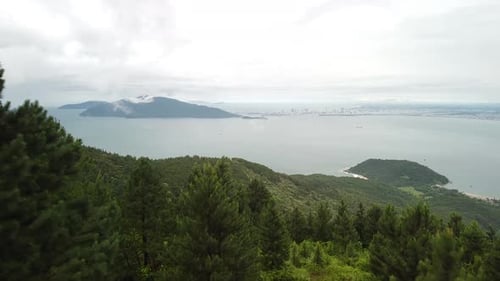 Picturesque Drone View of Green Pine Trees Mountains and Tropical Island