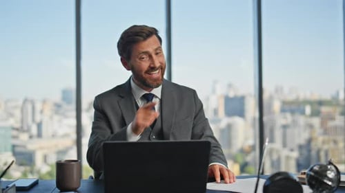 Business Coach Calling Video Chat in Modern Office Joyful Businessman Talking