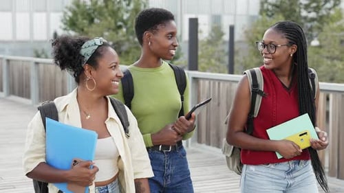 Des amis étudiants afro-américains discutent et partagent de bons moments sur le campus universitaire